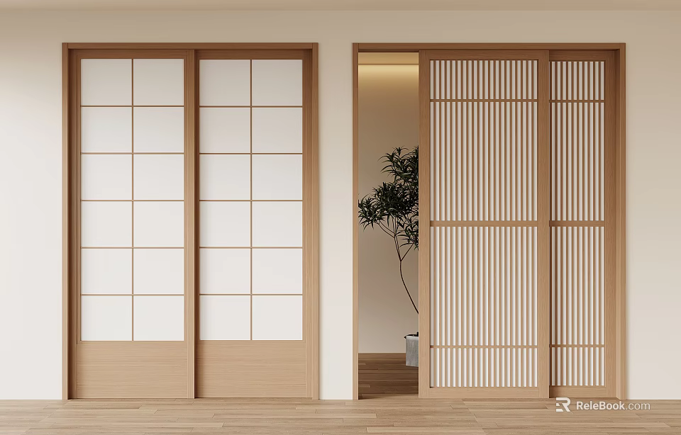 Wooden Sliding Doors With Glass Panels And Striped Design In Interior Space 3d model 