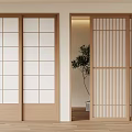 Wooden Sliding Doors With Glass Panels And Striped Design In Interior Space