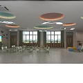 Modern Kindergarten Open Space With Colorful Ceiling Large Windows Green Curtains And Toy Area