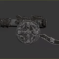 Fantasy Metallic Weapon Wheeled Cannon With Blue Glowing Accents Design