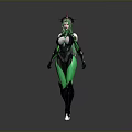Futuristic Female Character With Green Hair And Crown Headpiece In Black Green Tight Suit