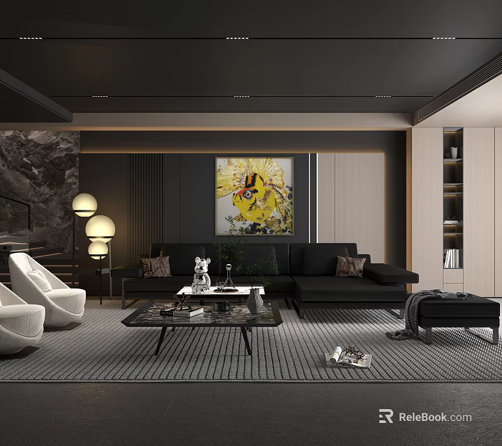 Modern Living Room Interior With Dark Sofa Art Painting And Round Lamps 3d model 