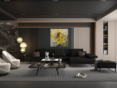 Modern Living Room Interior With Dark Sofa Art Painting And Round Lamps 3d model
