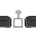Casual Sofa Set With Black Upholstery Brown Frames Small Side Table And Silver Lamp 3d model