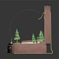 Open Pink Suitcase Featuring Cartoon Scene Small Cabin Green Trees Blue Sky White Clouds