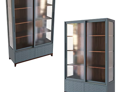 Contemporary Blue Gray Bookcase Design With Glass Doors Wooden Shelves And Cabinet Base 3d model