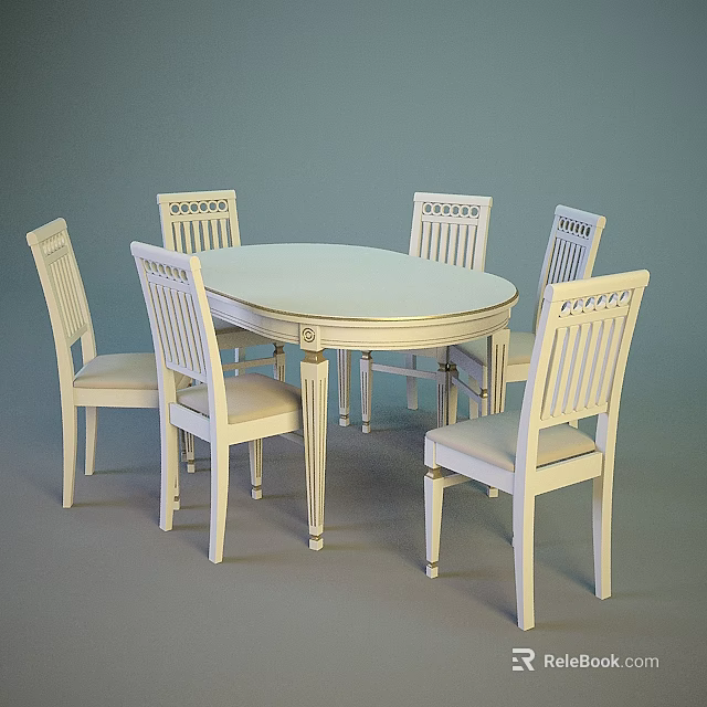 Elegant White Round Dining Table Set with Six Patterned Back Chairs 3d model 