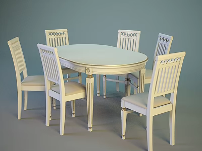 Elegant White Round Dining Table Set with Six Patterned Back Chairs 3d model