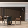 Sleek Modern Restaurant Interior Featuring Dining Table Chairs Slatted Wall And Floor Lamp 3d model