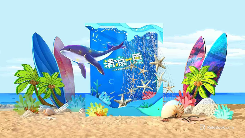 Summer Beach Themed Decor With Shark Surfboards Starfish Palm Trees And Seashells 3d model 