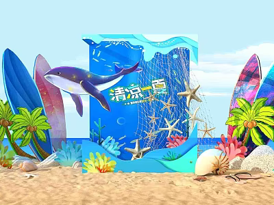 Summer Beach Themed Decor With Shark Surfboards Starfish Palm Trees And Seashells 3d model
