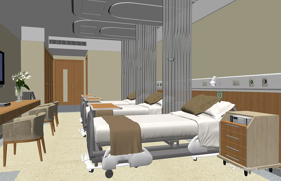 Modern Hospital Room Interior With Medical Beds Bedside Cabinets And Furniture 3d model 