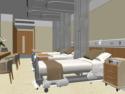 Modern Hospital Room Interior With Medical Beds Bedside Cabinets And Furniture 3d model