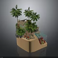 Miniature Tropical 3D Scene With Palm Trees Hut Pool And Sandy Decorative Base