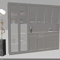 Gray Wine Cabinet with Glass Doors Lighted Shelves Drawers and Decorative Statue