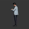 Man In Light Blue Blazer And Dark Pants Standing On Gray Background Using Hands 3d model