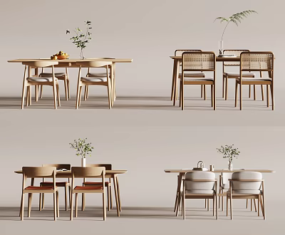 Modern Dining Table And Chair Combinations With Wooden Frames And Decorative Plants 3d model