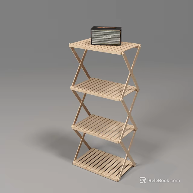 Natural Wood Foldable Multi Tier Storage Shelf With Cross Support For Home Organization 3d model 