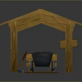 Detailed 3D Mining Scene Structure With Wooden Shelter Mine Cart And Pickaxe