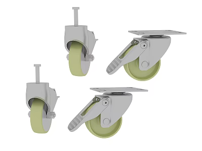 Different Types Of Industrial Casters With Green Wheels Gray Frames And Brake 3d model