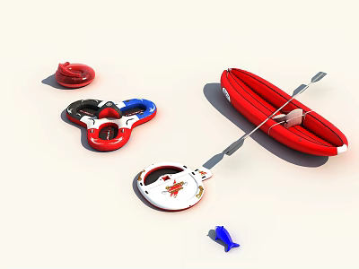 Water Recreation Equipment Including Red Inflatable Kayak Paddle Float Ring And Board 3d model