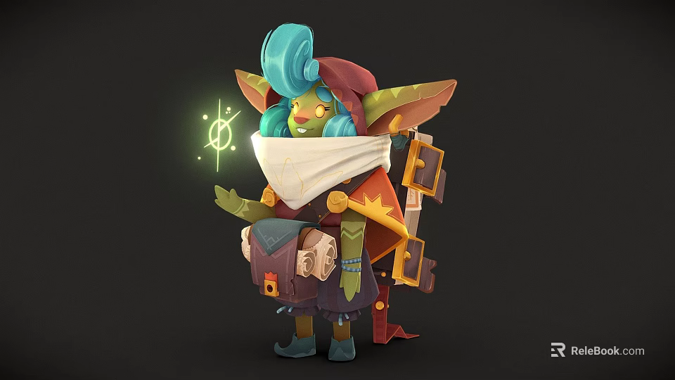 Fantasy Goblin Character With Blue Turquoise Hair Red Hat White Scarf Holding Glowing Magic Item 3d model 
