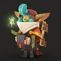 Fantasy Goblin Character With Blue Turquoise Hair Red Hat White Scarf Holding Glowing Magic Item