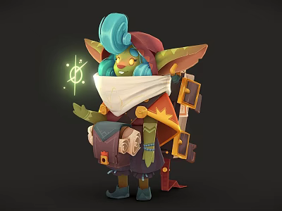 Fantasy Goblin Character With Blue Turquoise Hair Red Hat White Scarf Holding Glowing Magic Item 3d model