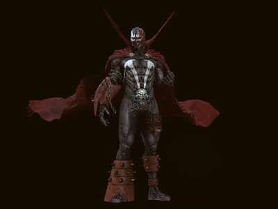 Man In Black Bodysuit With Red Cape Skull Mask And Metal Studded Boots 3d model