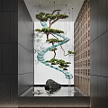 Modern Spiral Water Fountain With Hanging Pine Tree Rock And Flowing Water In Indoor Corridor