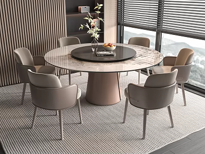 Modern Round Marble Dining Table With Six Gray Chairs Vase Fruit Plate By Large Window 3d model