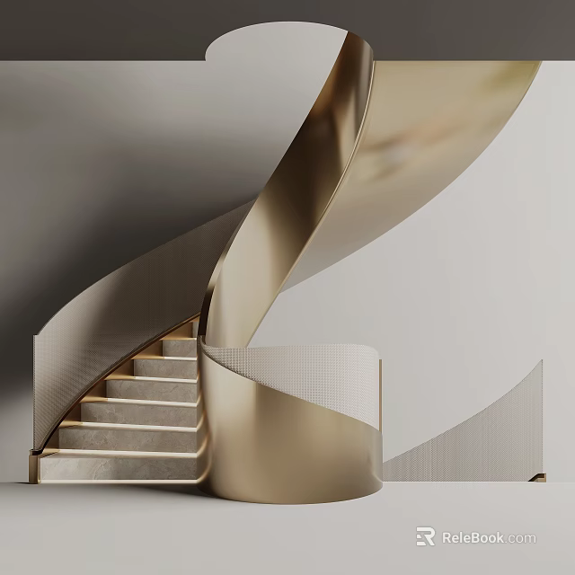 Modern Spiral Staircase With Gold Metal Railing And Marble Steps Design 3d model 