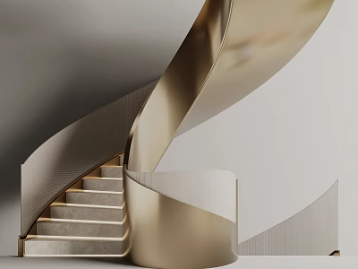 Modern Spiral Staircase With Gold Metal Railing And Marble Steps Design 3d model