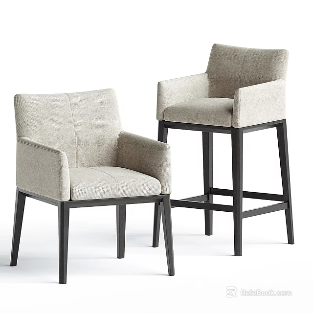 Modern Bar Stools With Beige Fabric Upholstery Armrests And Black Frame 3d model