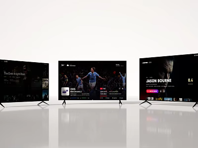 Three Modern Televisions Displaying Live Sports Game Movie And Entertainment Content 3d model