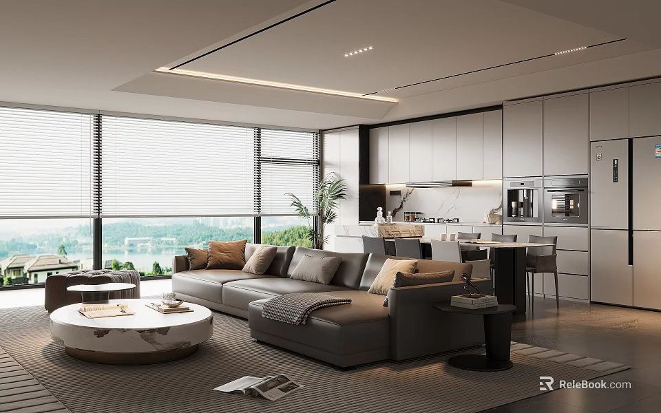 Modern Living Dining Area Interior Design With Sofa Coffee Table And Open Kitchen Cabinets 3d model 