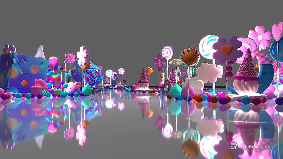 Vibrant Candy Themed Interactive Zone With Lollipop Flower Decor And Reflective Floor 3d model