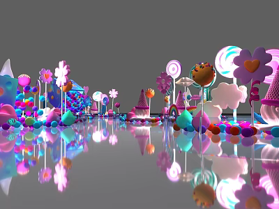 Vibrant Candy Themed Interactive Zone With Lollipop Flower Decor And Reflective Floor 3d model