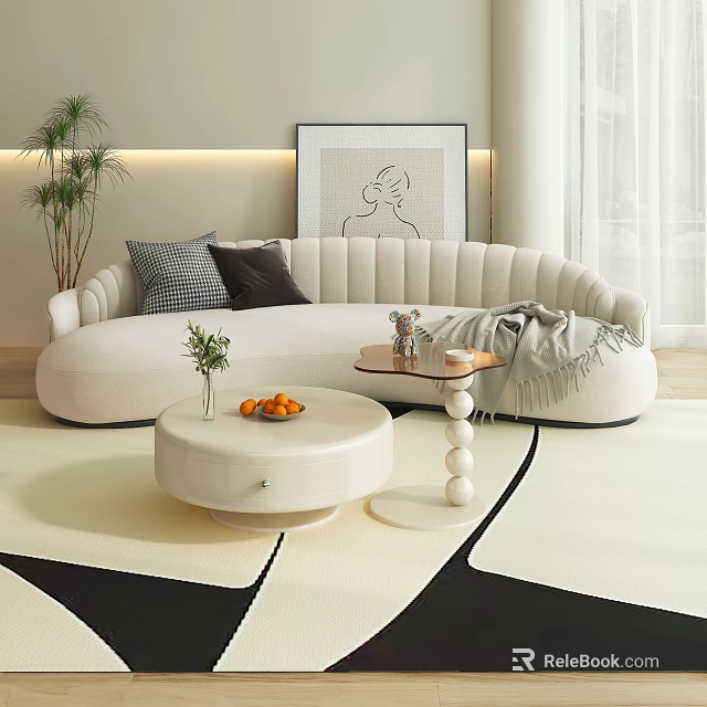 Modern Beige Sectional Sofa with Gray Black Pillows and Round Coffee Table in Living Room 3d model 