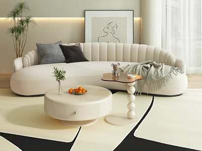 Modern Beige Sectional Sofa with Gray Black Pillows and Round Coffee Table in Living Room 3d model