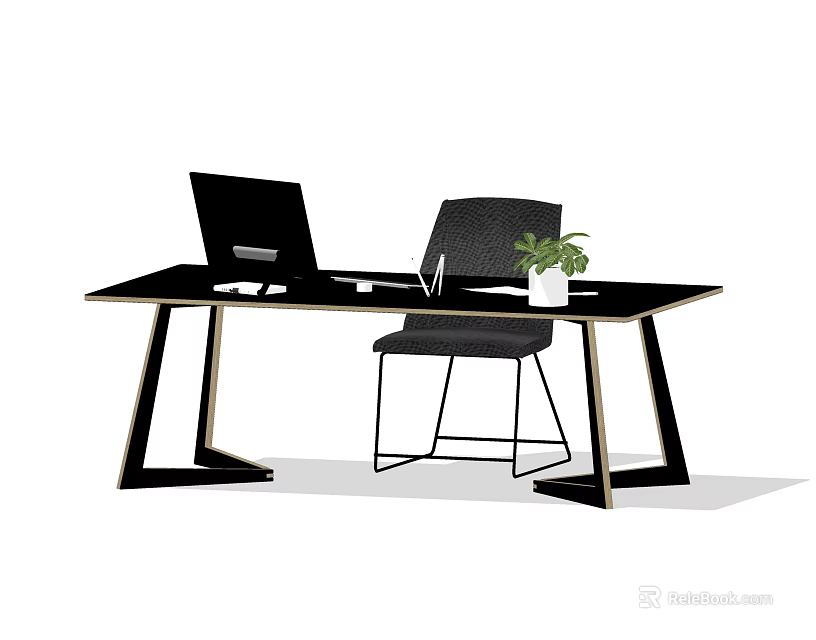 Modern Office Desk With Laptop Chair And Potted Plant On Black Surface With Metal Legs 3d model 