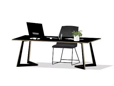 Modern Office Desk With Laptop Chair And Potted Plant On Black Surface With Metal Legs 3d model