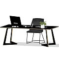Modern Office Desk With Laptop Chair And Potted Plant On Black Surface With Metal Legs