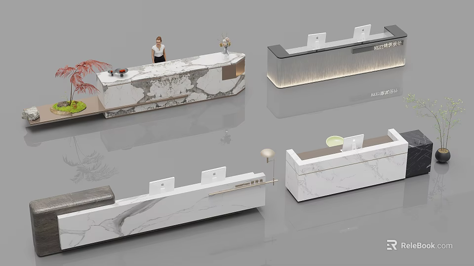 Sleek Modern Reception Desk Design With Marble Surface Illuminated Lighting And Decorative Plants 3d model 