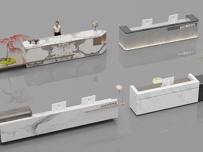 Sleek Modern Reception Desk Design With Marble Surface Illuminated Lighting And Decorative Plants 3d model