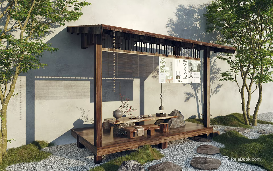 Traditional Wooden Garden Pavilion with Green Plants Pebble Path Calligraphy Paintings and Tea Sets 3d model 