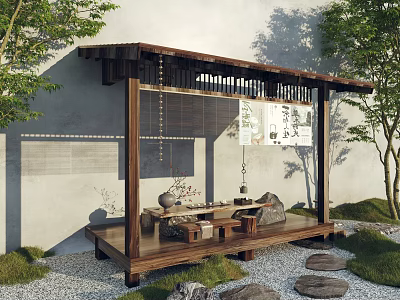 Traditional Wooden Garden Pavilion with Green Plants Pebble Path Calligraphy Paintings and Tea Sets 3d model