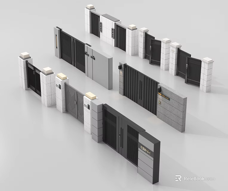 Modern Elegant Gate Designs With Various Metal Panels And Stone Pillars 3d model 