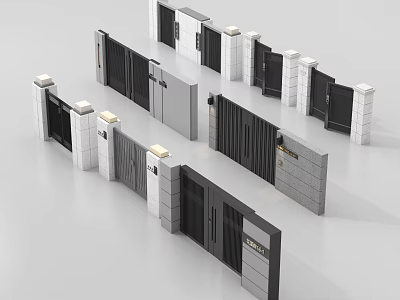 Modern Elegant Gate Designs With Various Metal Panels And Stone Pillars 3d model