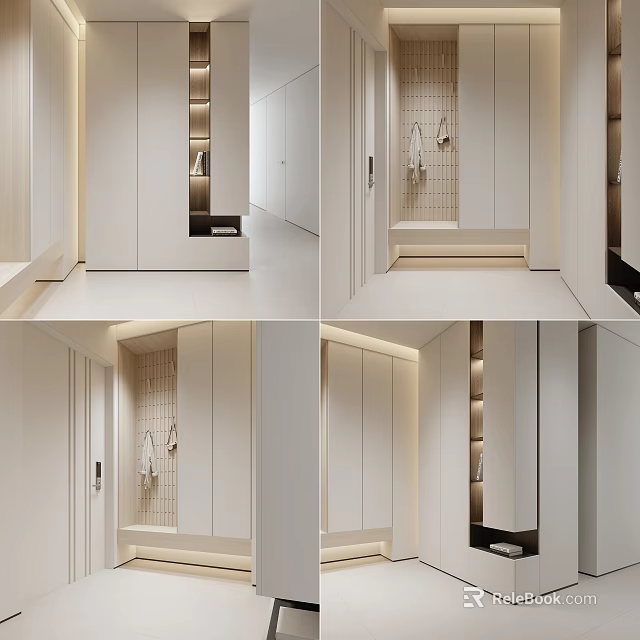 Modern White Shoe Cabinet Design With Mirror Door Storage Hanging Hooks And Hallway Interior 3d model 